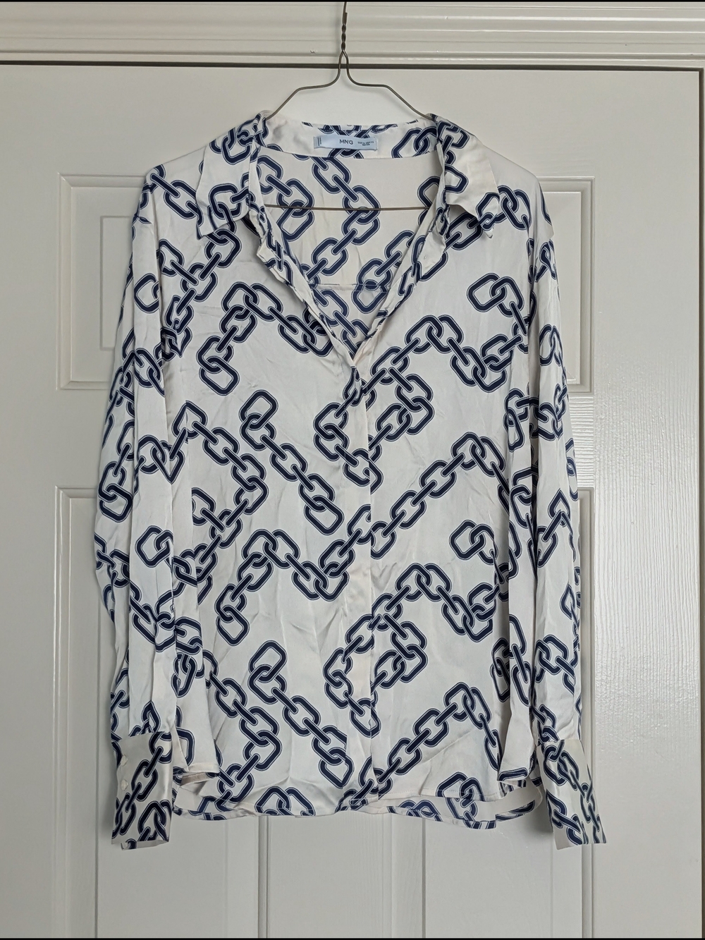 Mango Cream Blouse with Navy Chain Print, Size 10